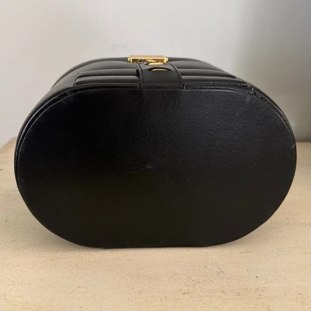 Wolf Designs Black Genuine Leather Oval Jewelry Box with Drawers & Travel Case